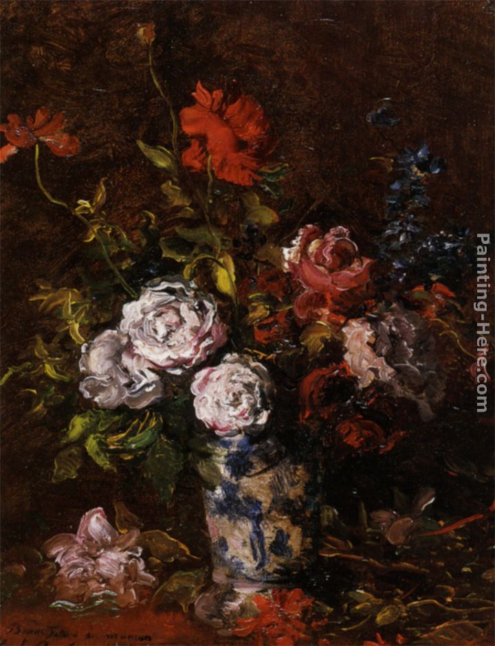 Floral still life in a blue and white porcelain vase painting - Karl Pierre Daubigny Floral still life in a blue and white porcelain vase art painting
